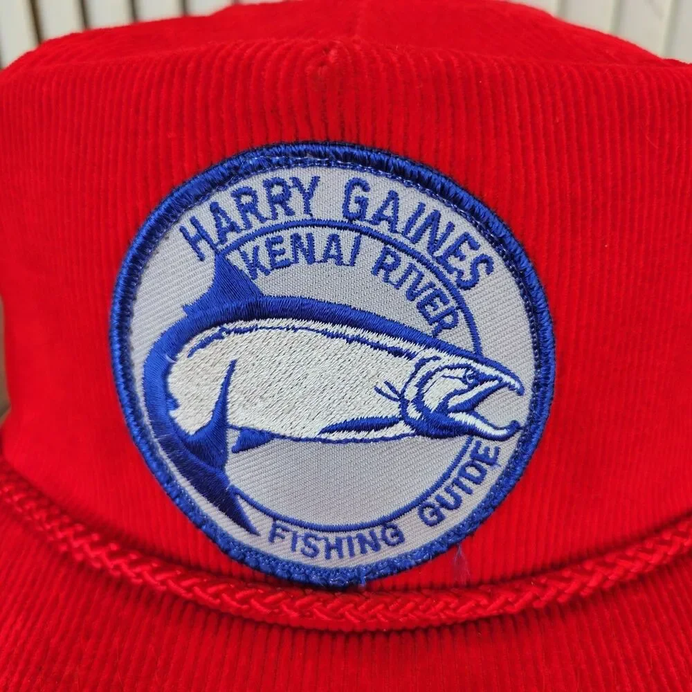 VTG Harry Gaines Kenai River Fishing Guide Patch Strapback Hat Red Corduroy Rope